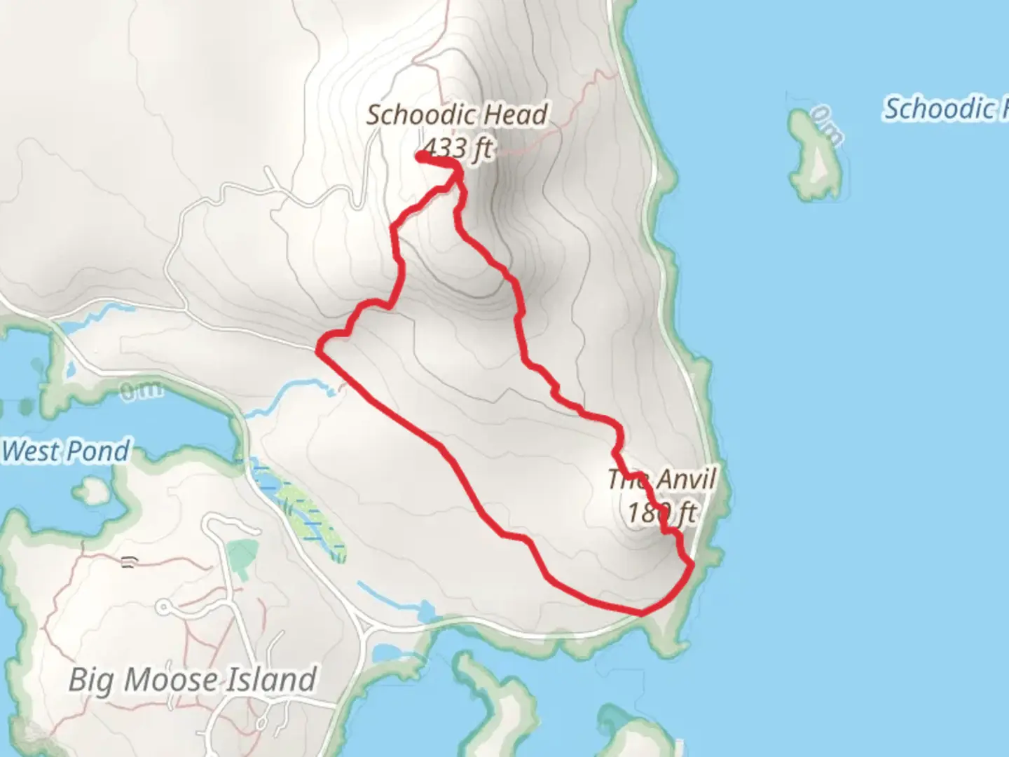 An image depicting the trail Schoodic Head and The Anvil Loop and its surrounding area.