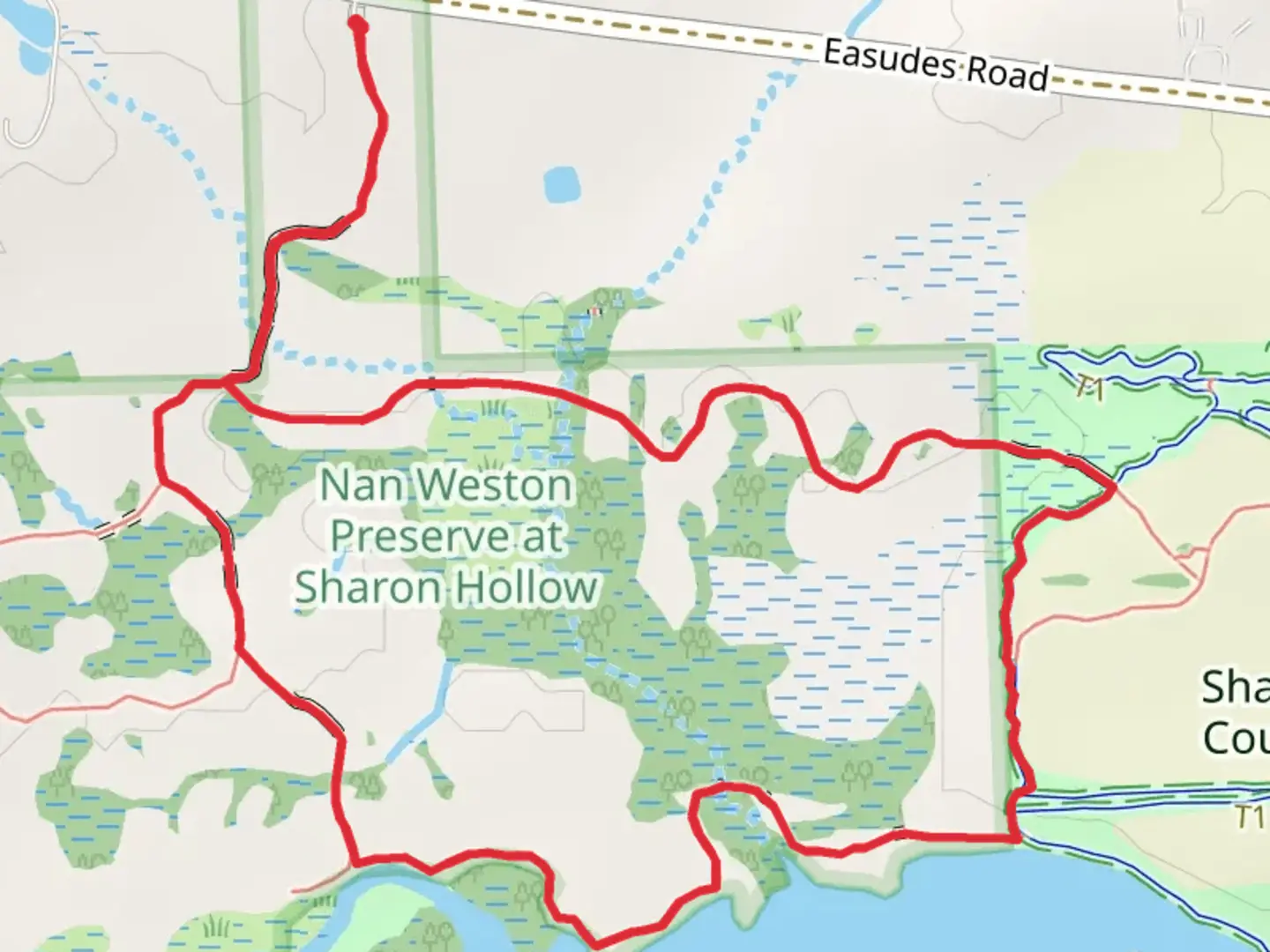 An image depicting the trail Nan Weston Preserve at Sharon Hollow and River Raisin Loop and its surrounding area.