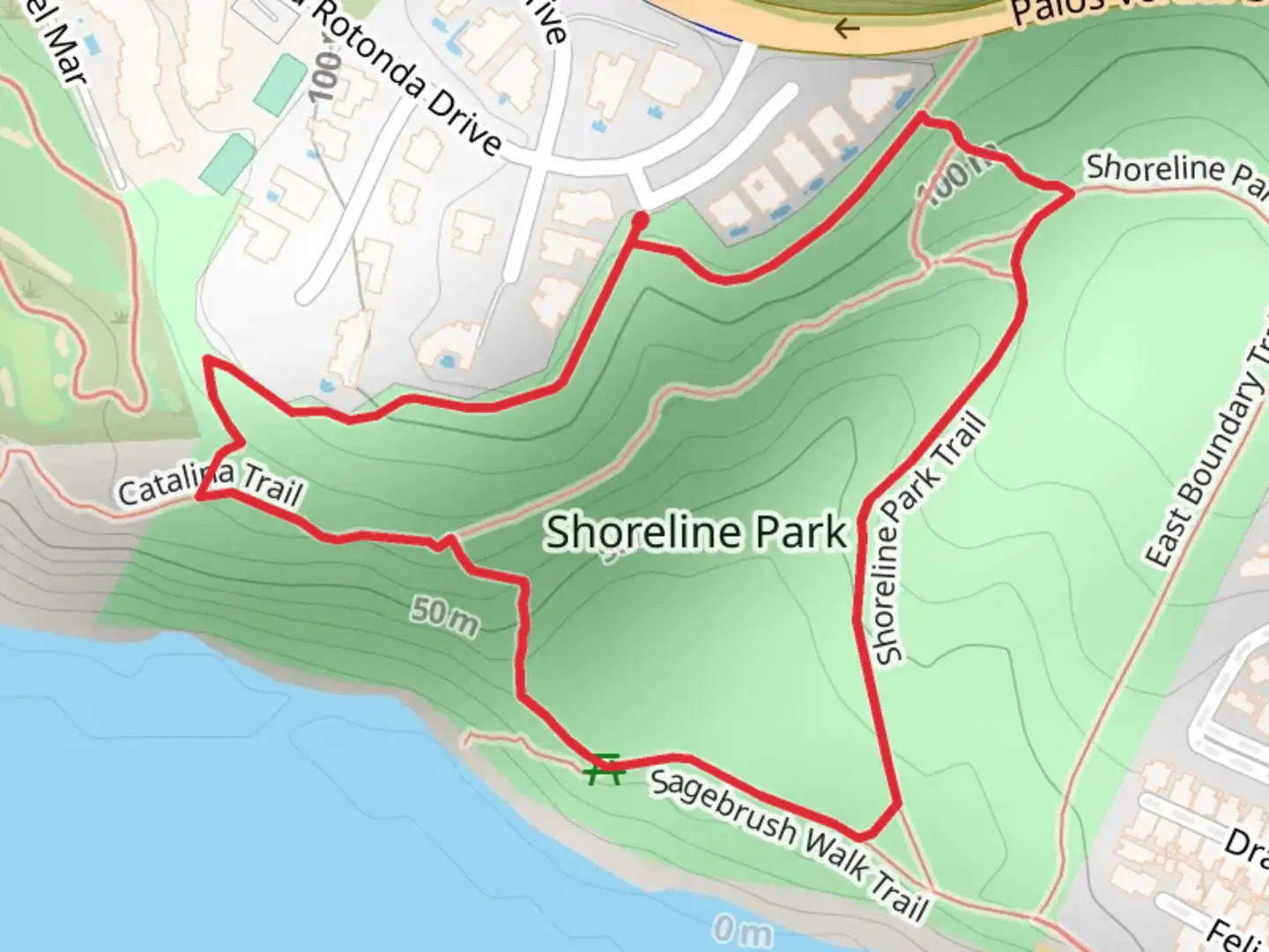 An image depicting the trail Shoreline Park Loop and its surrounding area.