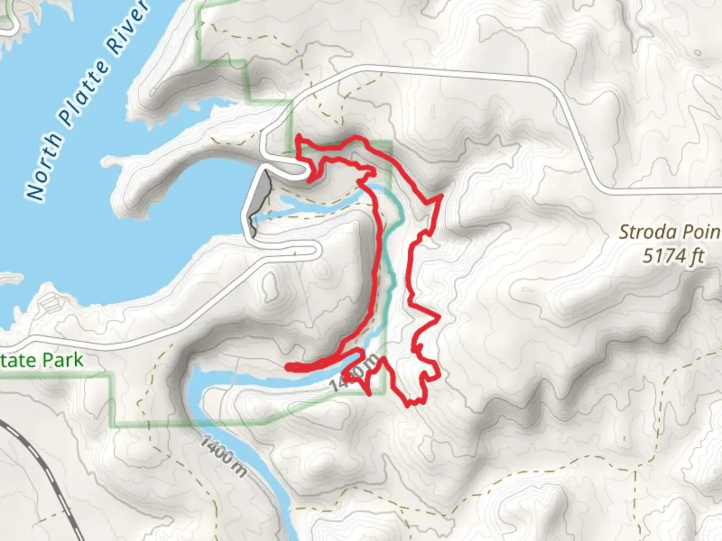 An image depicting the trail Feather Rim, Barrel Roll and Rocky River Loop and its surrounding area.