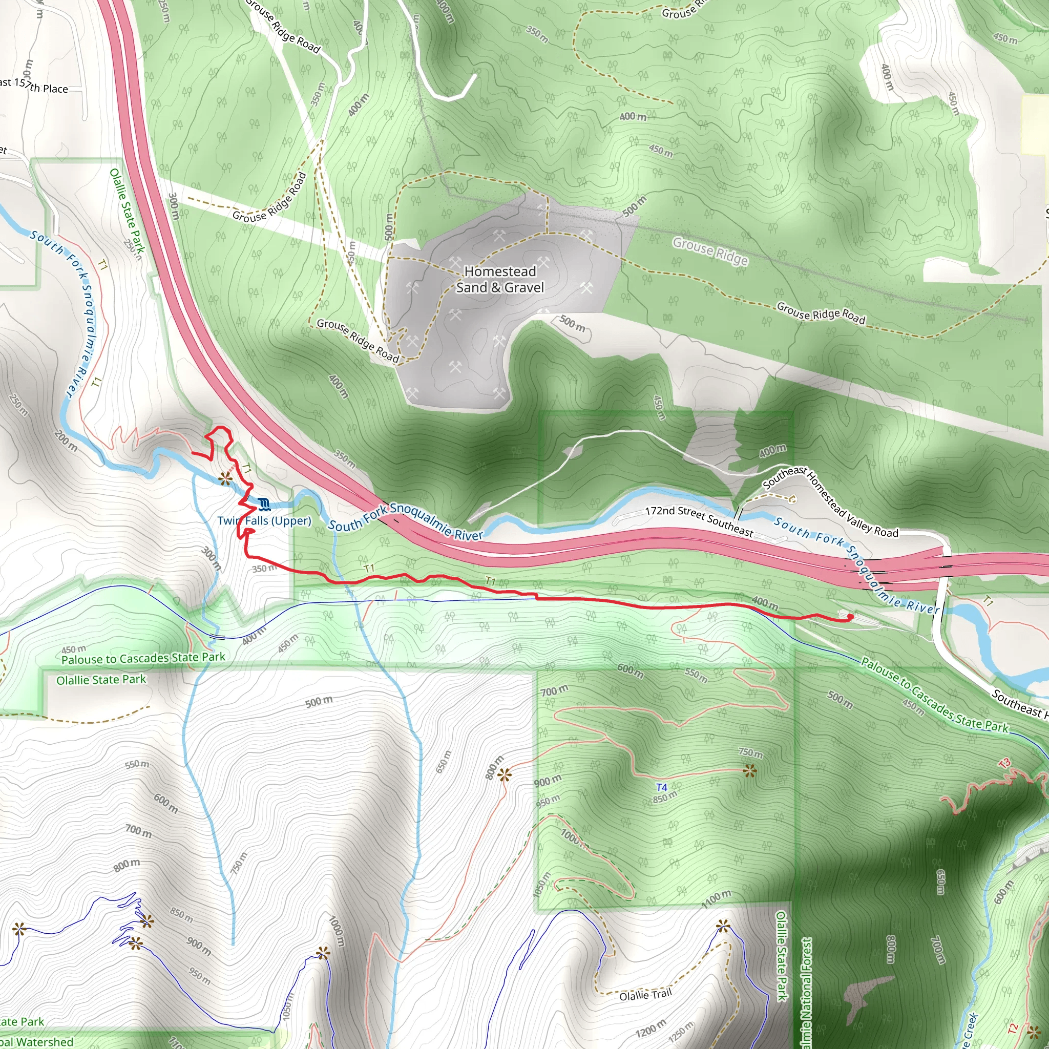 Twin Falls Trail and South Fork Snoqualmie River mobile static map
