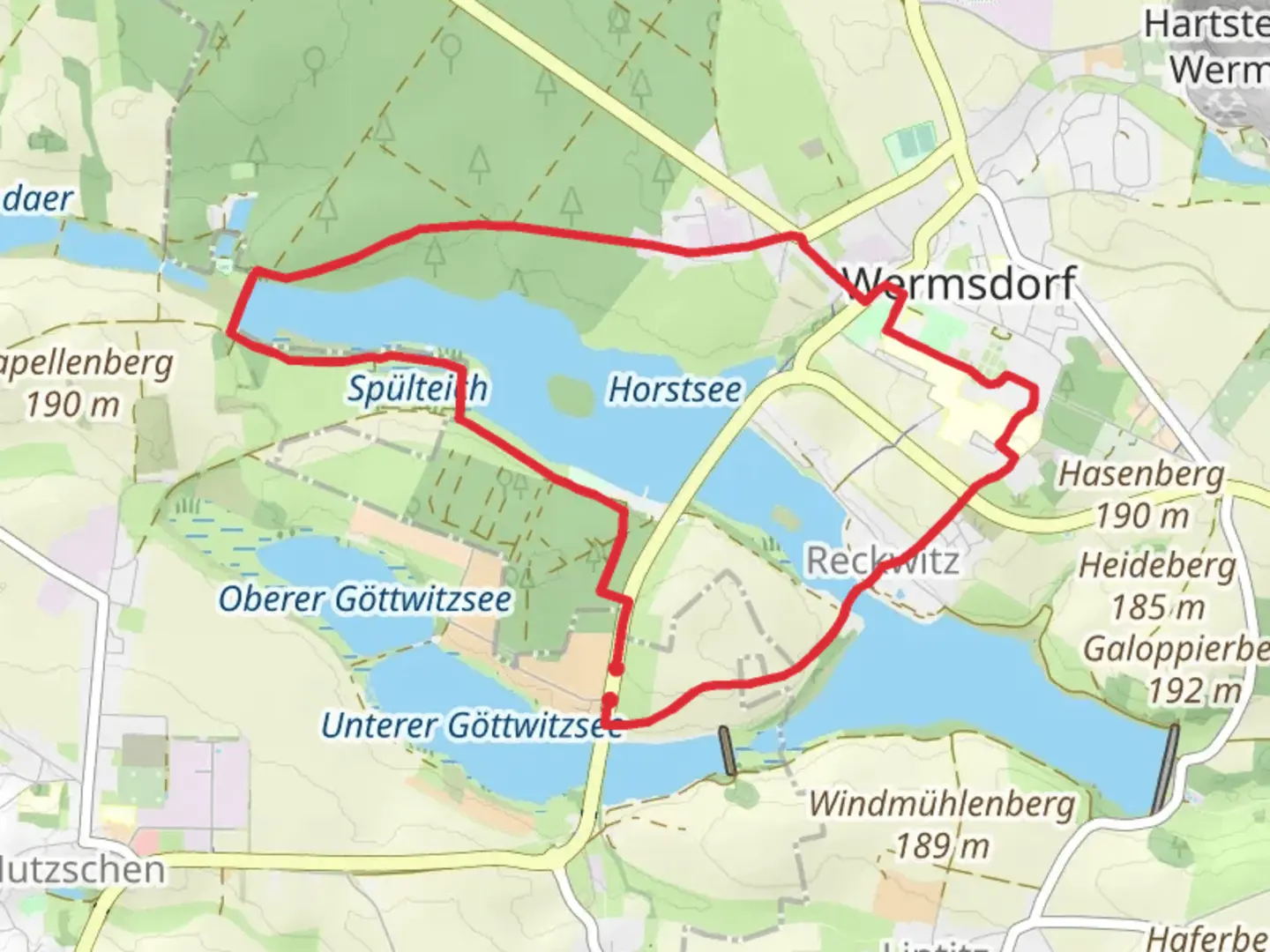 An image depicting the trail Saubach, Hubertusburg and Döllnitzsee Loop via Historische Rodaer Runde and its surrounding area.