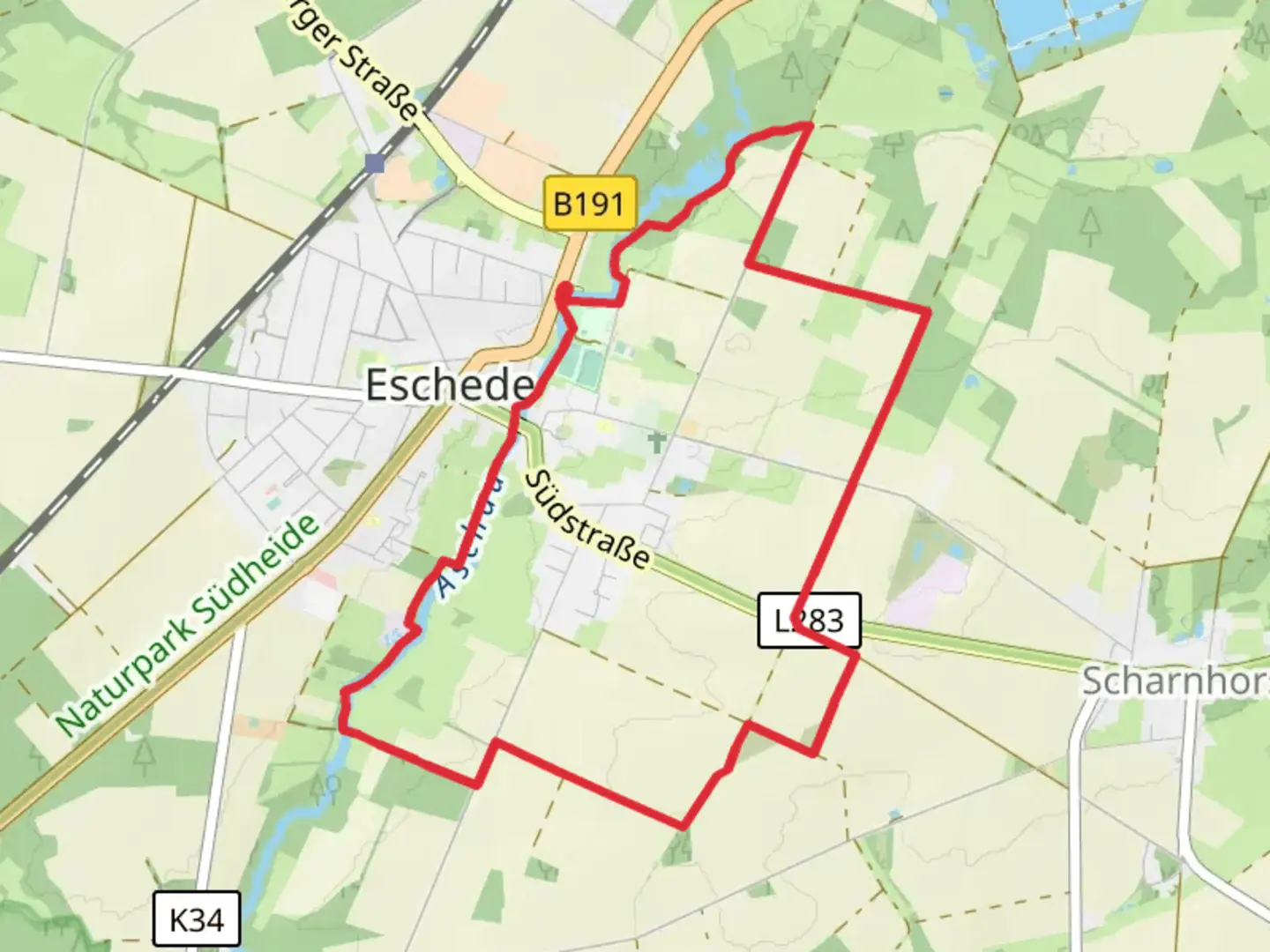 An image depicting the trail Aschau via Jakobusweg - Lueneburger Heide Path and Kraegerweg and its surrounding area.