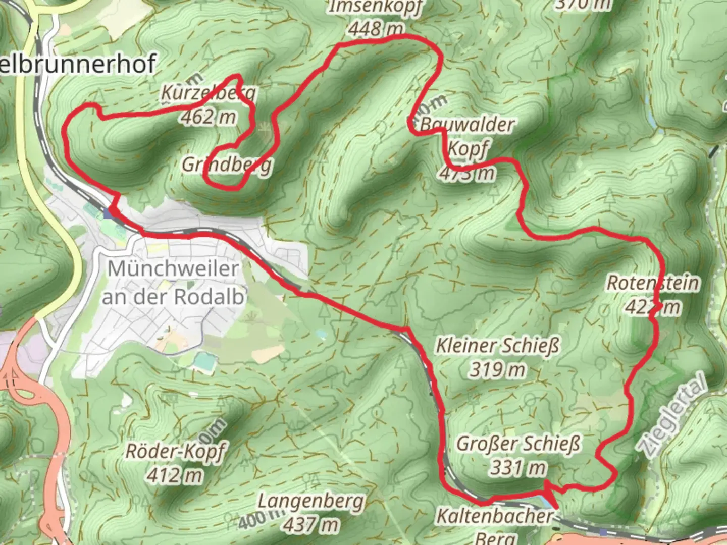 An image depicting the trail Kurzelberg and Rotenstein Loop and its surrounding area.