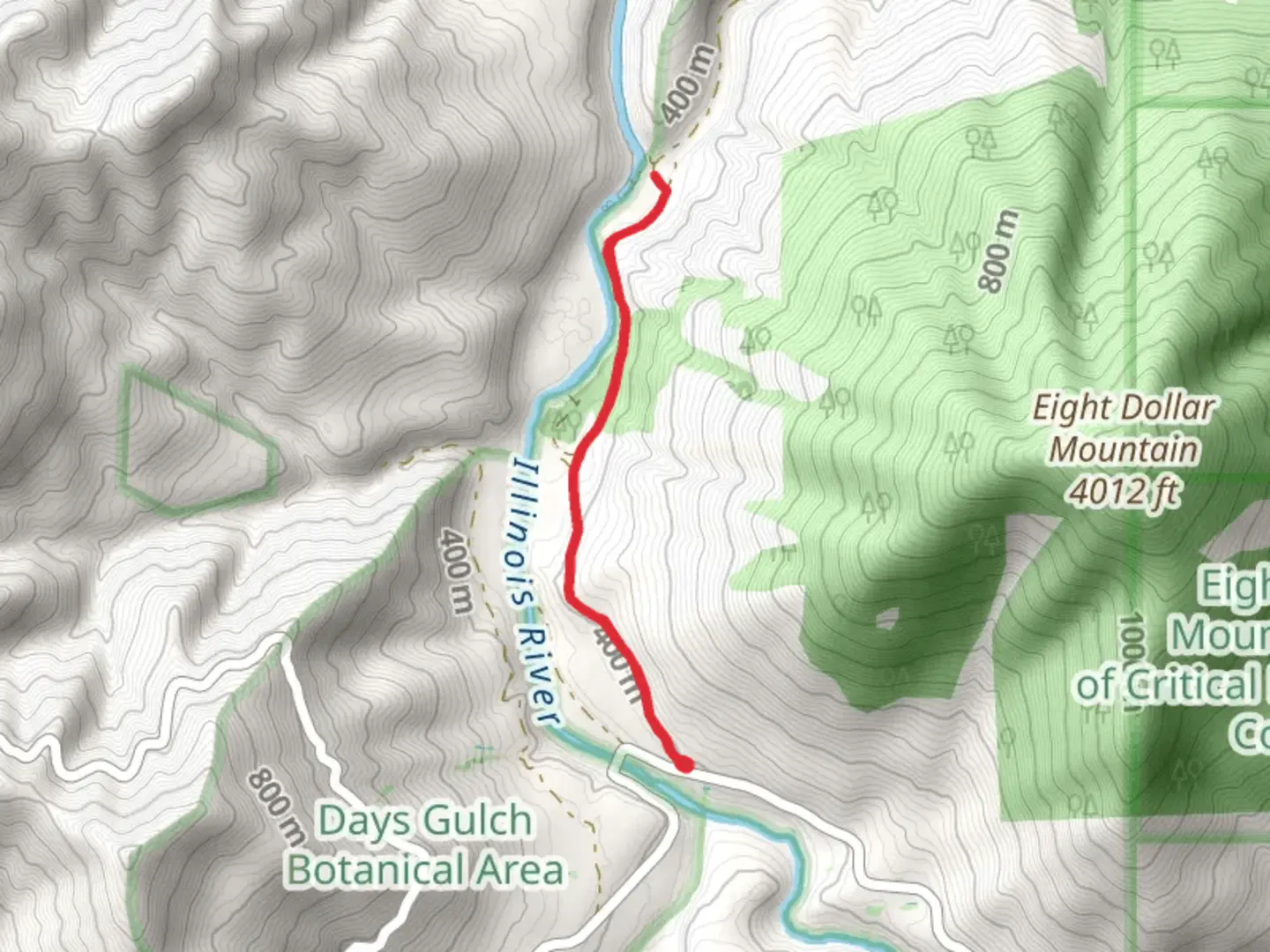 An image depicting the trail Illinois River and Deer Creek and its surrounding area.