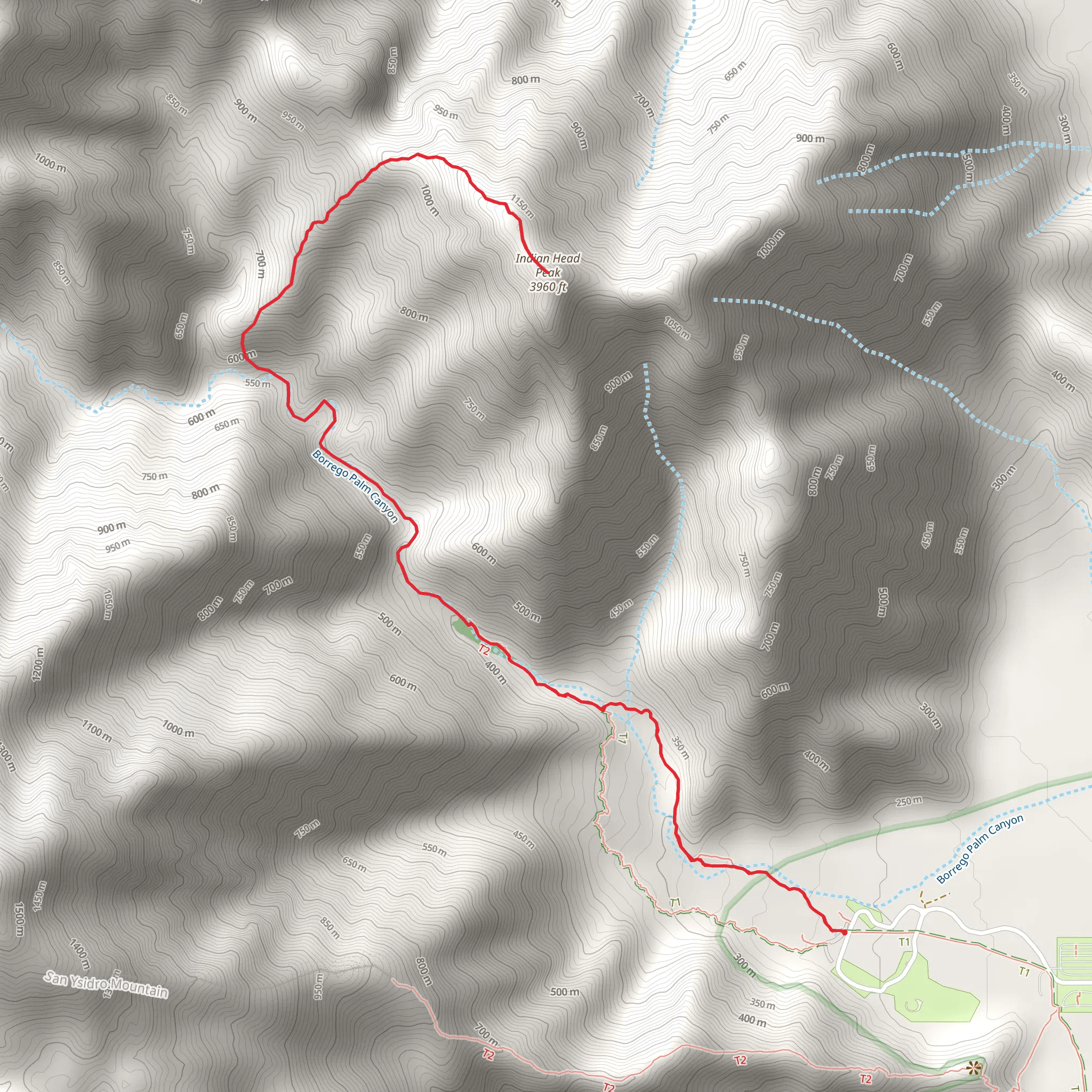 Indian Head Peak via Borrego Palm Canyon Trail mobile static map