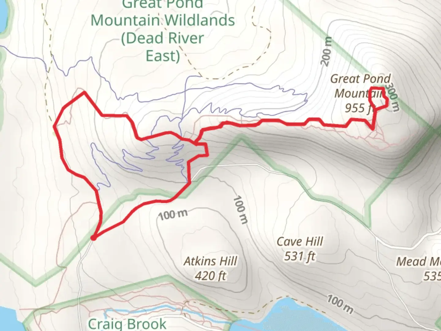 An image depicting the trail Great Pond Mountain Loop from Don Fish Trail and its surrounding area.