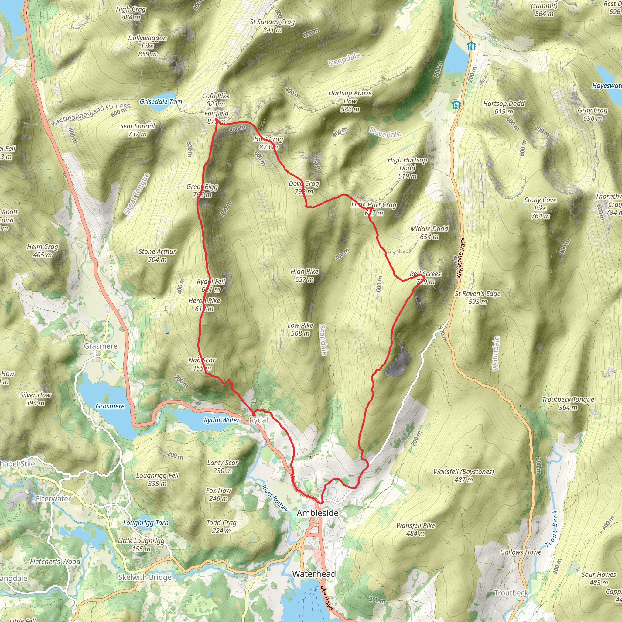 Heron Pike, Great Rigg, Fairfield and Red SCrees Loop - Rydal mobile static map