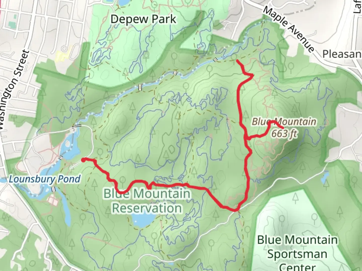 An image depicting the trail Lounsbury Pond to Blue Mountain and its surrounding area.