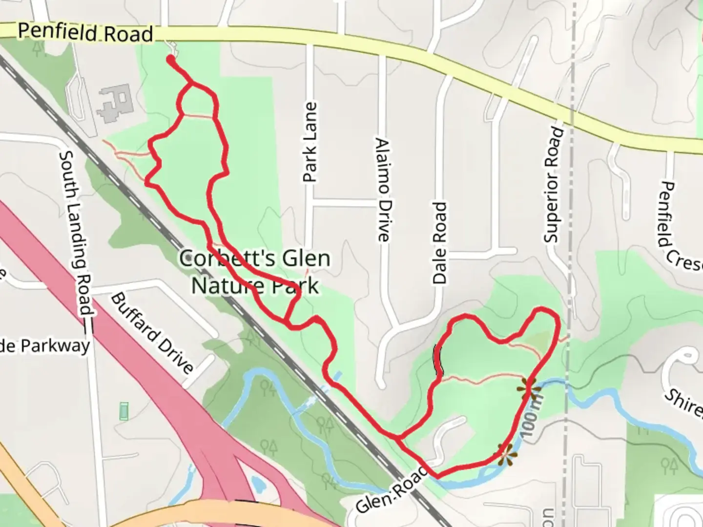 An image depicting the trail Corbett's Glen Nature Park Loop and its surrounding area.