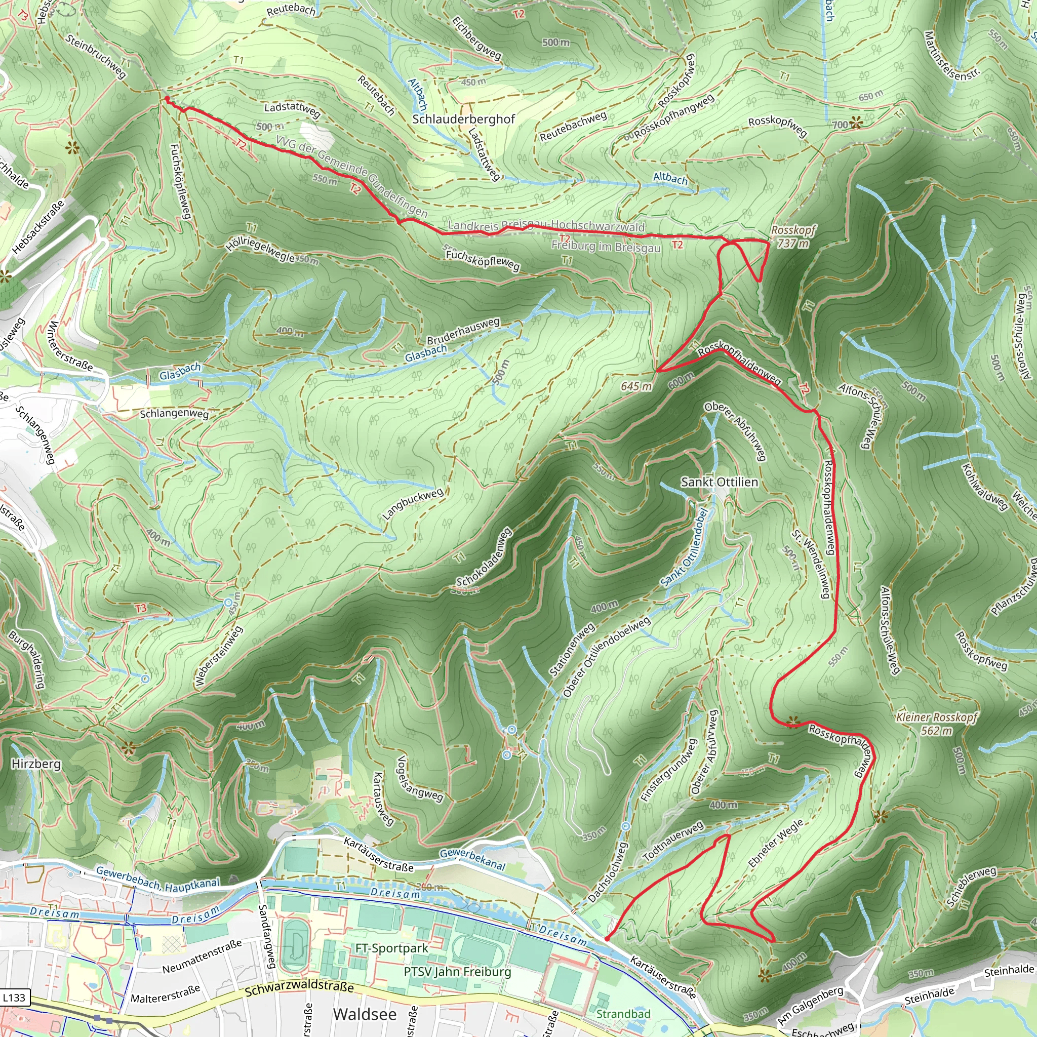 Schwarzwald Stadion to Herden Walk via Roßkopfturm mobile static map