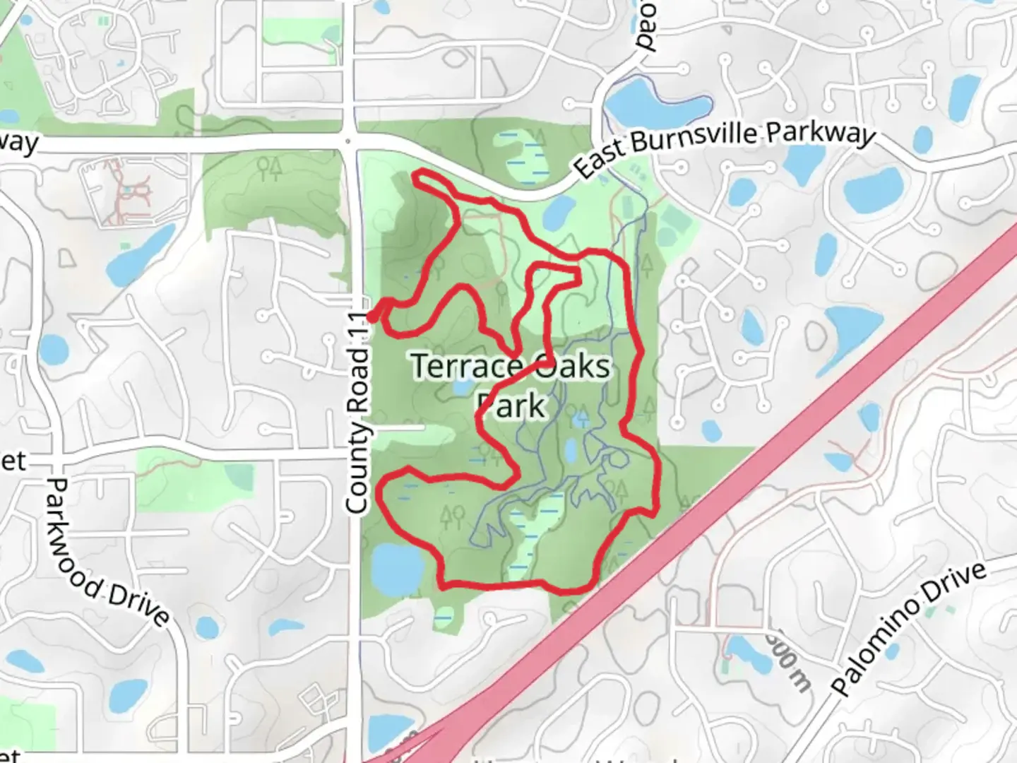 An image depicting the trail Terrace Oaks Park Loop and its surrounding area.