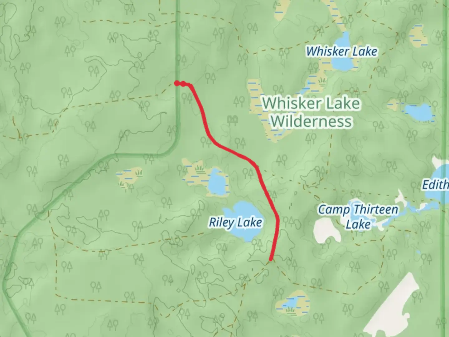 An image depicting the trail Whisker Lake AB Trail via Whisker Lake A Trail and its surrounding area.