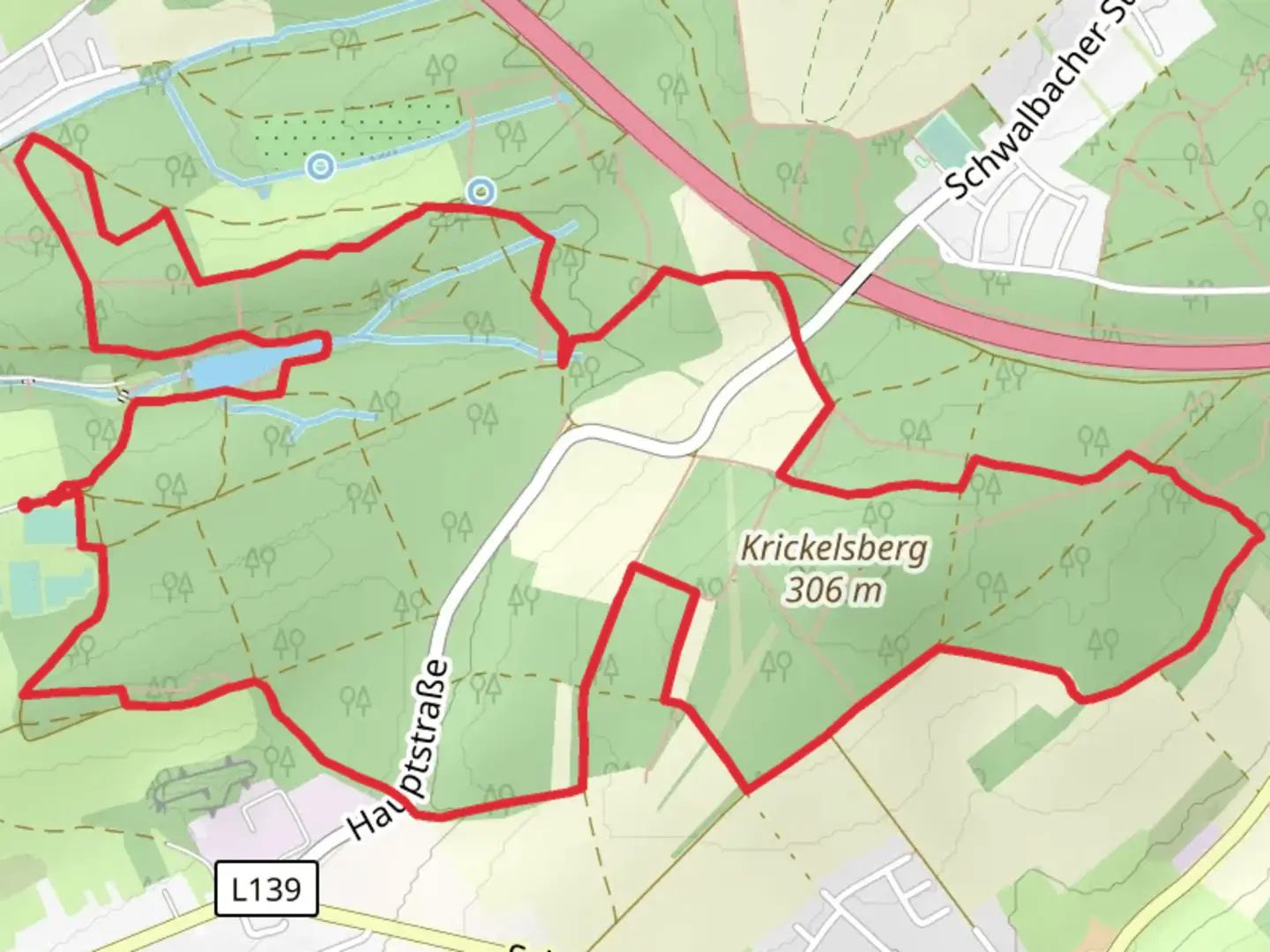 An image depicting the trail Krickelsberg and Frauenwald Loop and its surrounding area.