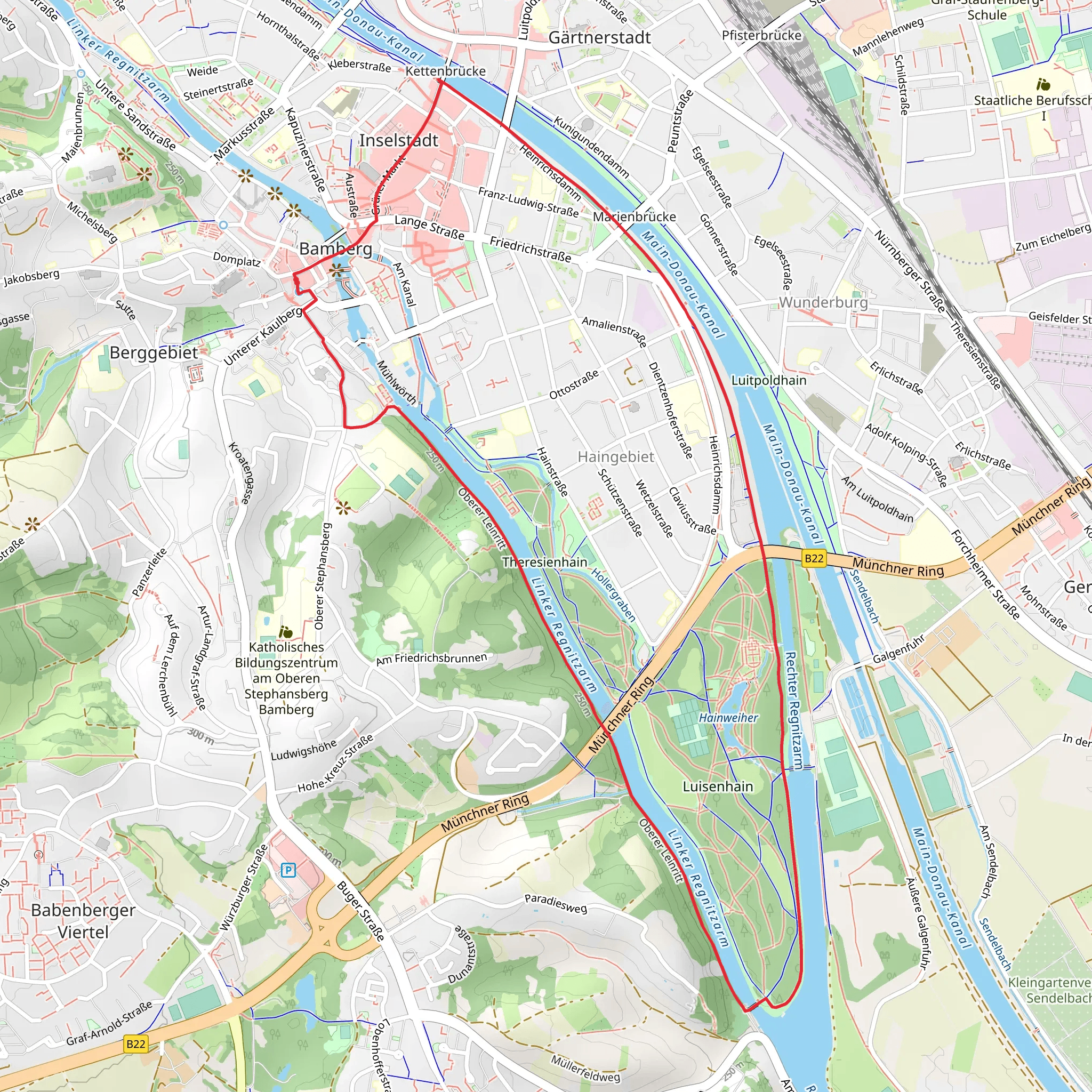 Bamberg, River Regnitz and Luisenhain Loop via Oberer Leinritt mobile static map