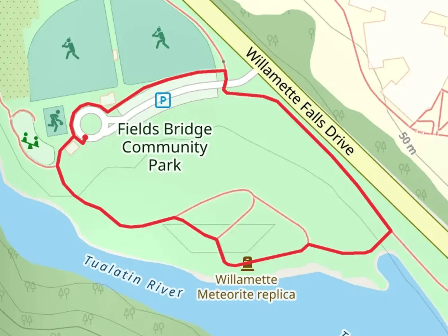 An image depicting the trail Fields Bridge Community Park Loop and its surrounding area.