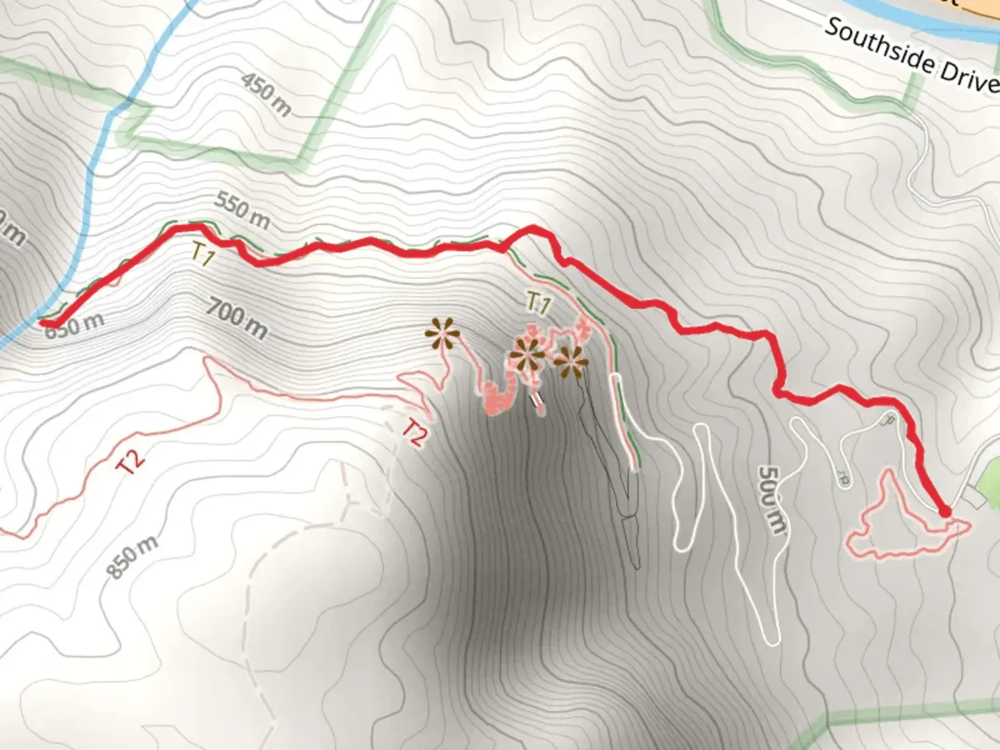 An image depicting the trail Hickory Nut Falls via Four Seasons Trail and its surrounding area.