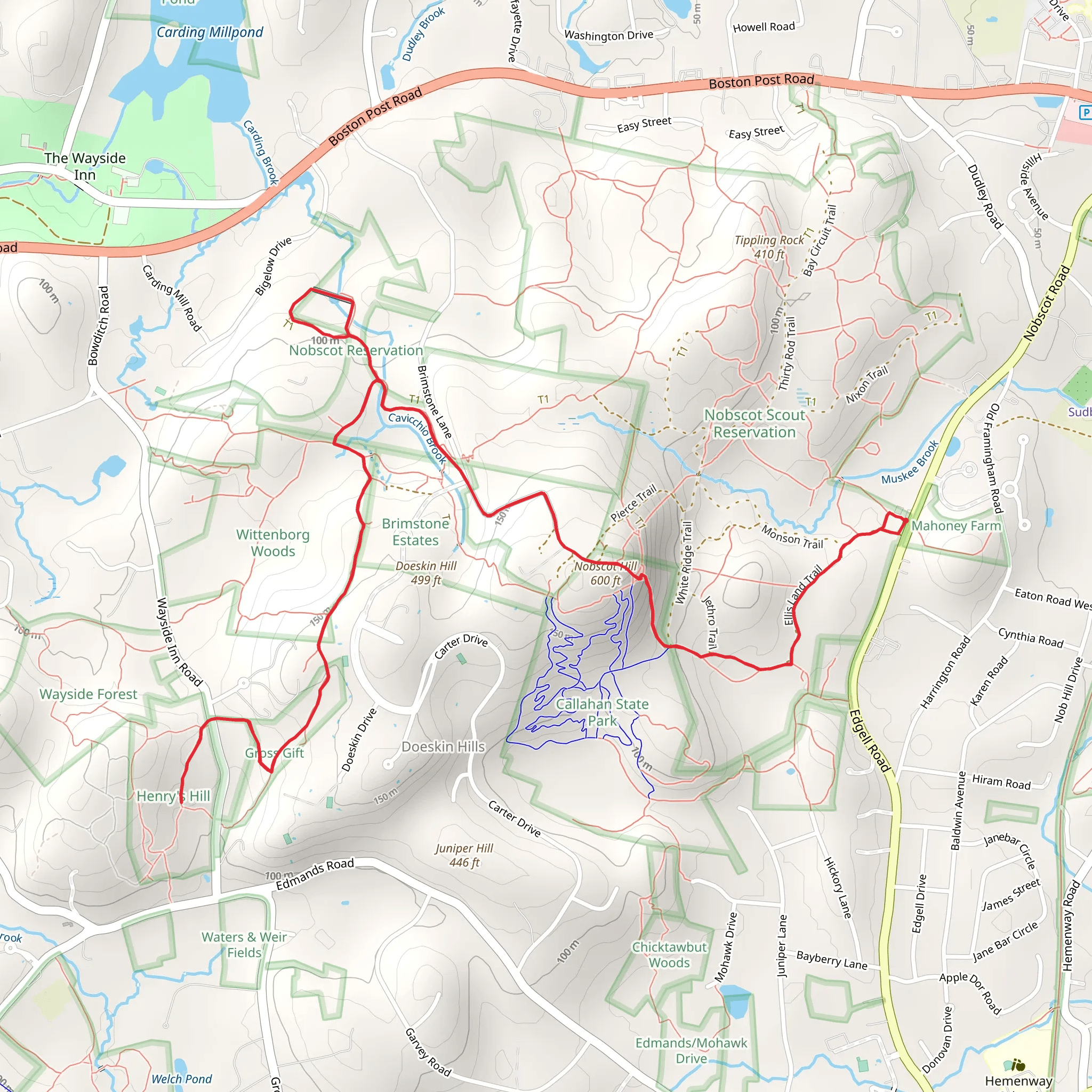 Nobscot Hill and Cavicchio Brook via Bay Circuit and Ford's Folly Trail mobile static map