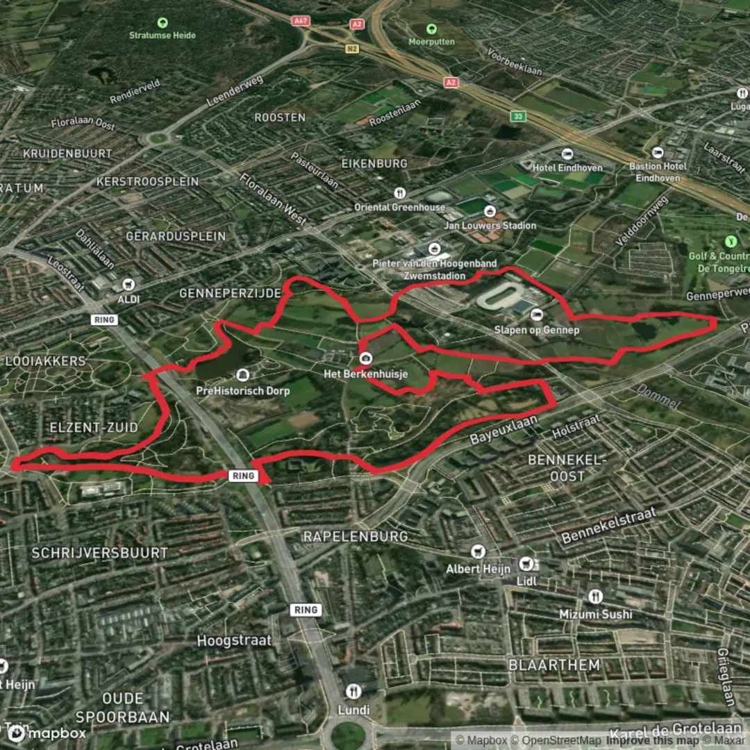 An image depicting the trail Dommelplantsoen, De Vleut and Oud - Gestel Loop and its surrounding area.