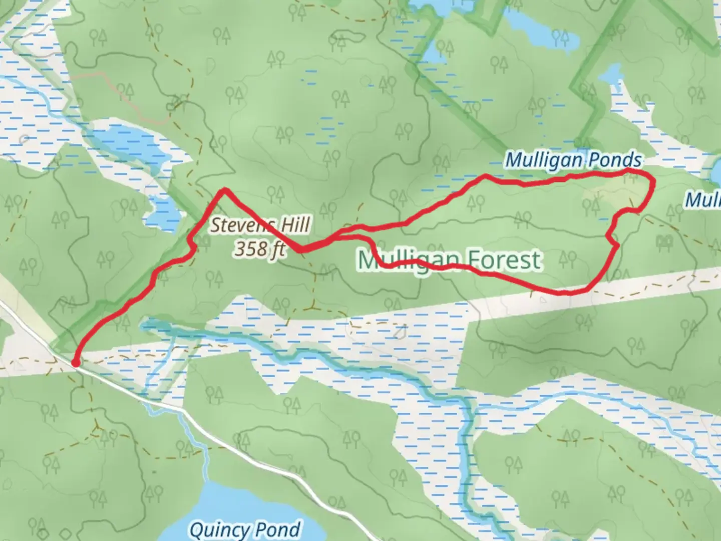An image depicting the trail Stevens Hill and Mulligan Ponds Loop Trail and its surrounding area.