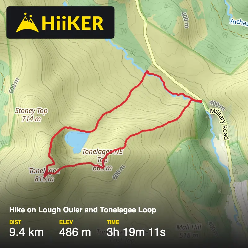 A map preview of the recording Hike on Lough Ouler and Tonelagee Loop.