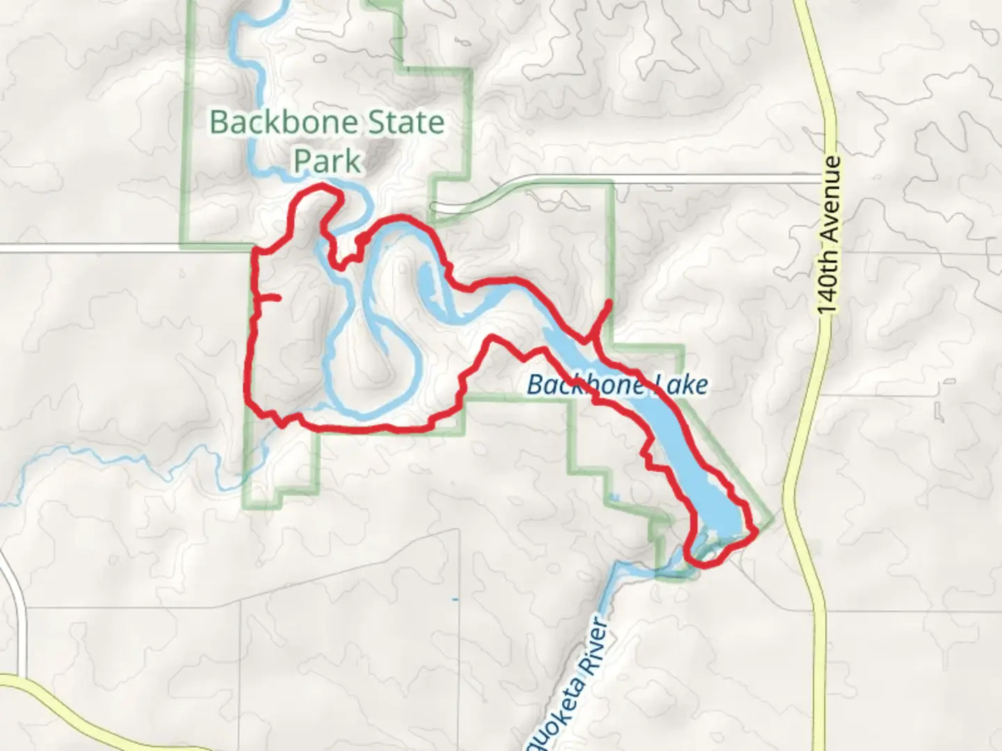 An image depicting the trail Maquoketa River - Backbone West Lake Loop Trail and its surrounding area.