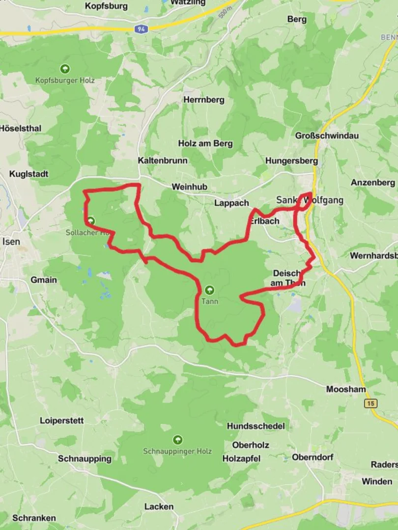 An image depicting the trail Sankt Wolfgang and Sollacher Holz Loop and its surrounding area.