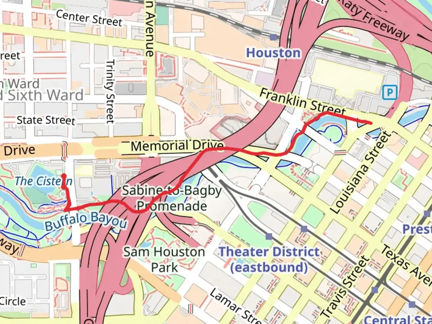 An image depicting the trail Walk along Buffalo Bayou and its surrounding area.