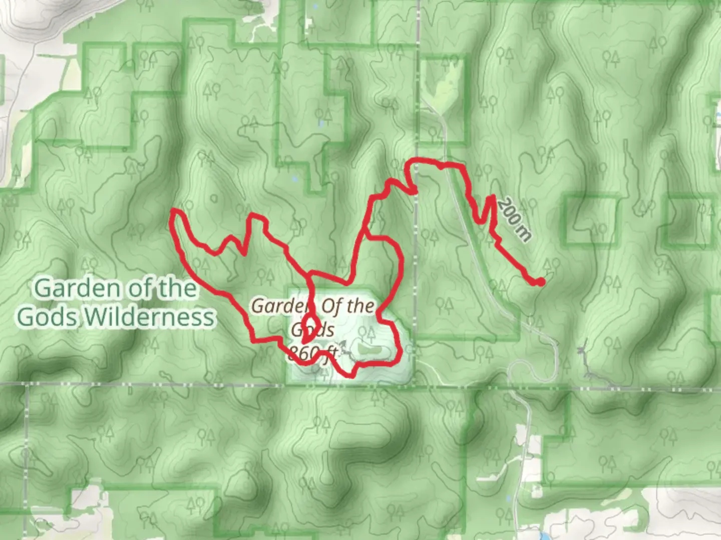 An image depicting the trail Garden Of the Gods Loop from Shawnee Forest Road and its surrounding area.