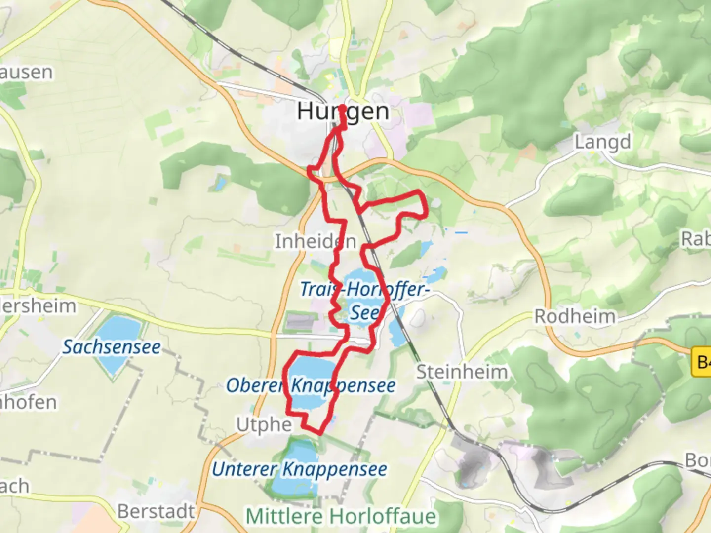 An image depicting the trail Trais Horloffer See and Oberer Knappensee Loop and its surrounding area.