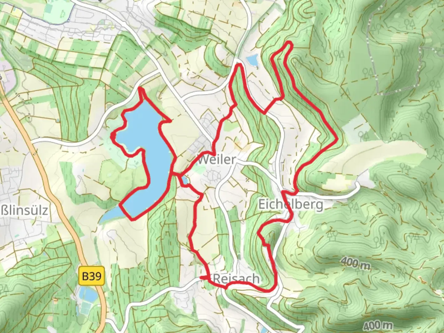 An image depicting the trail Breitenauer See and Obersulmer Rundwanderweg Loop and its surrounding area.