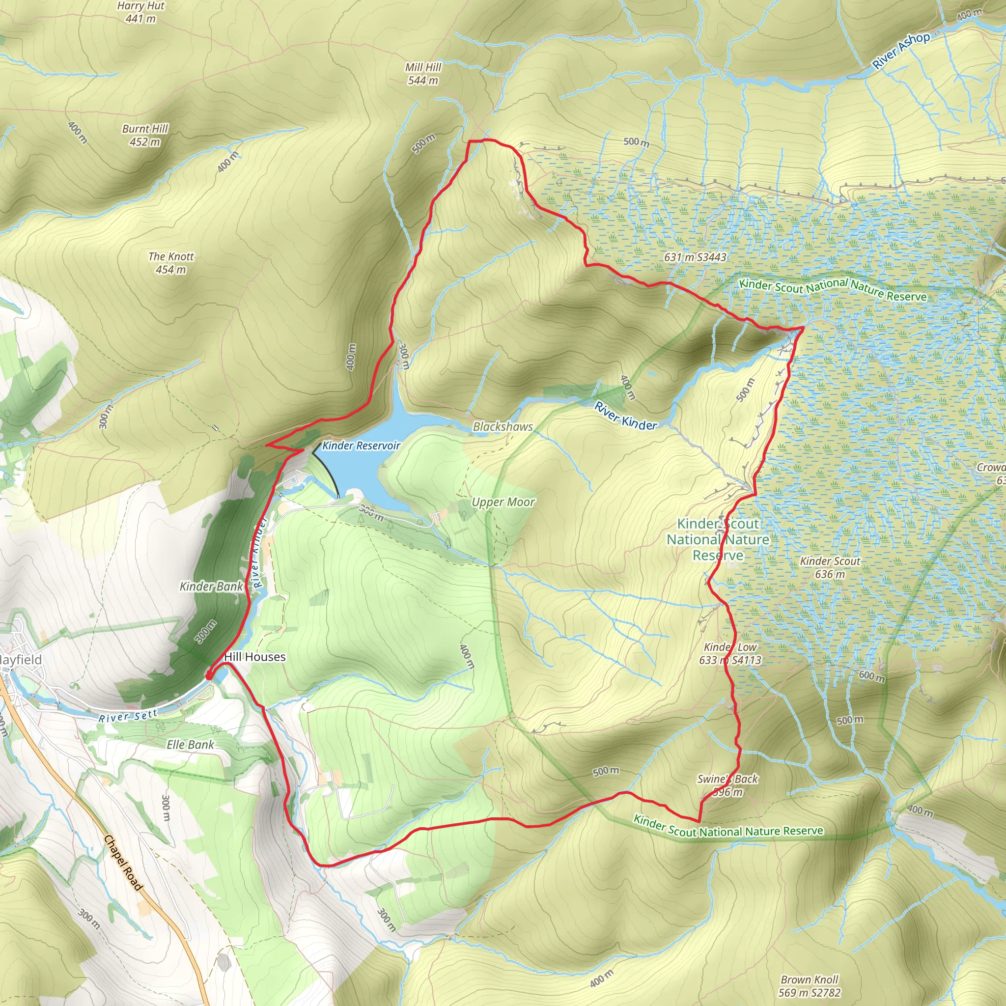Kinder Downfall and Kinder Low from Hayfield mobile static map