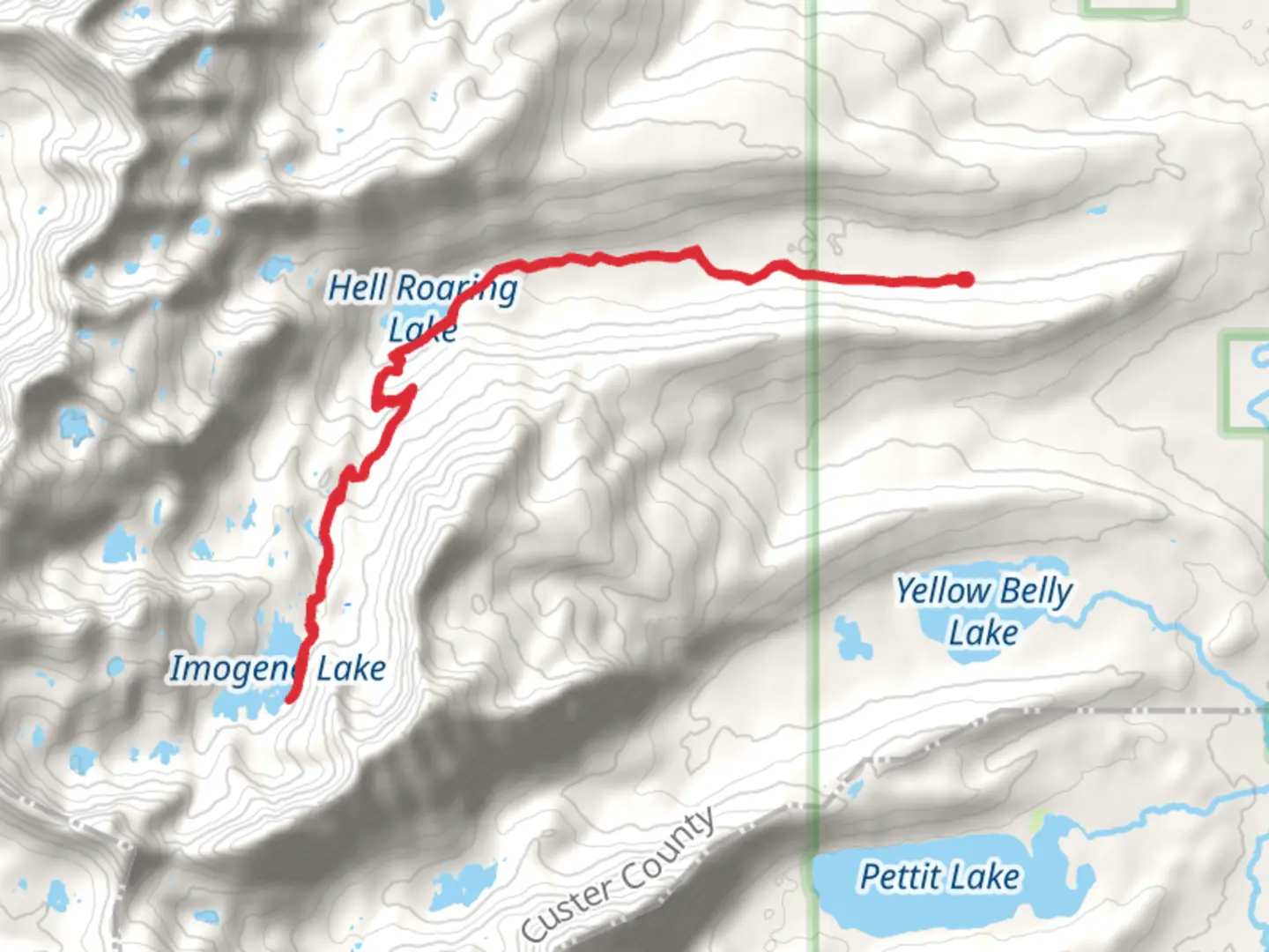 An image depicting the trail Imogene and Hell Roaring Lakes via Upper Hell Roaring Trail and its surrounding area.