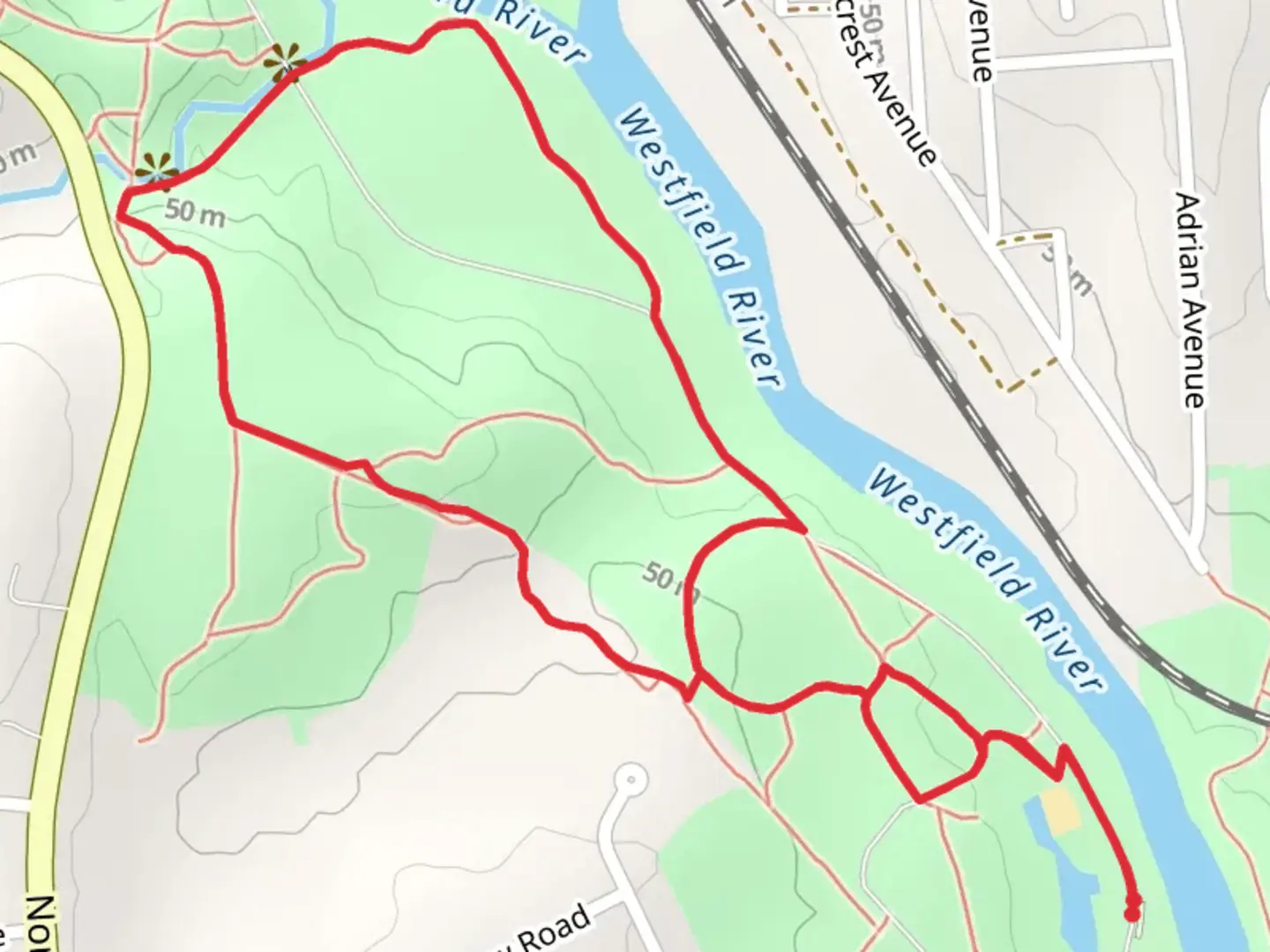 An image depicting the trail Westfield River and Piney Forest Loop and its surrounding area.
