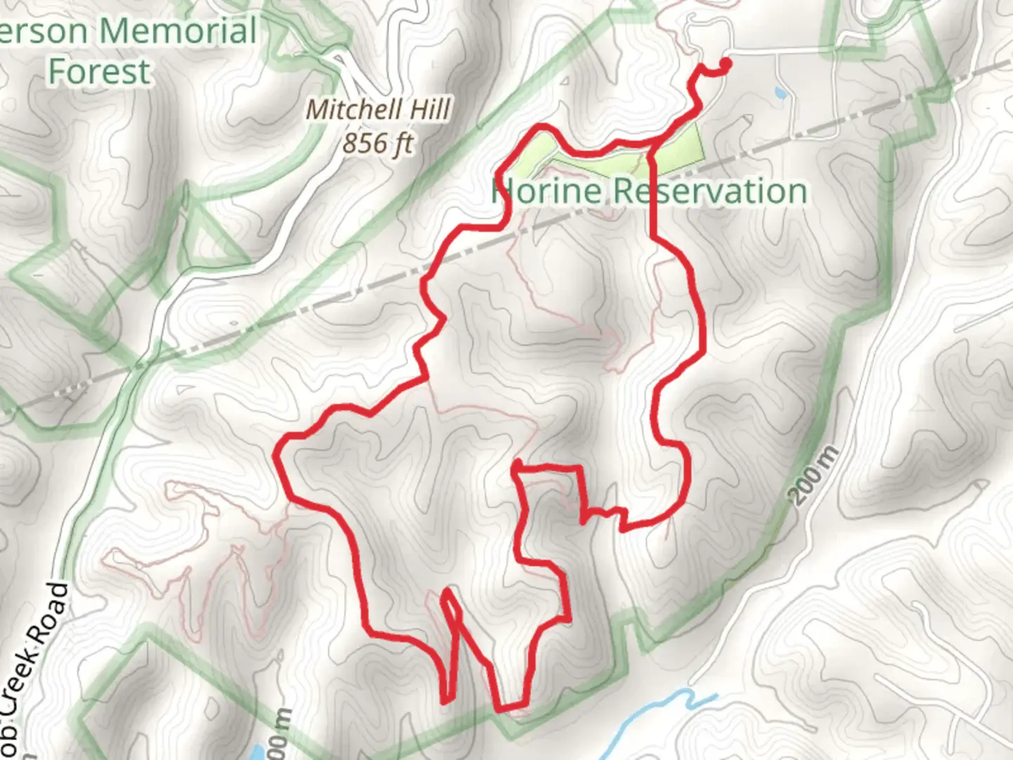 An image depicting the trail Red Loop Trail - Horine Campground Service Road and its surrounding area.