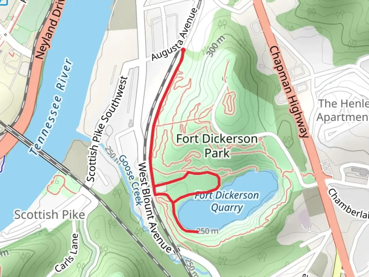 An image depicting the trail Loop along Fort Dickerson Quarry and its surrounding area.