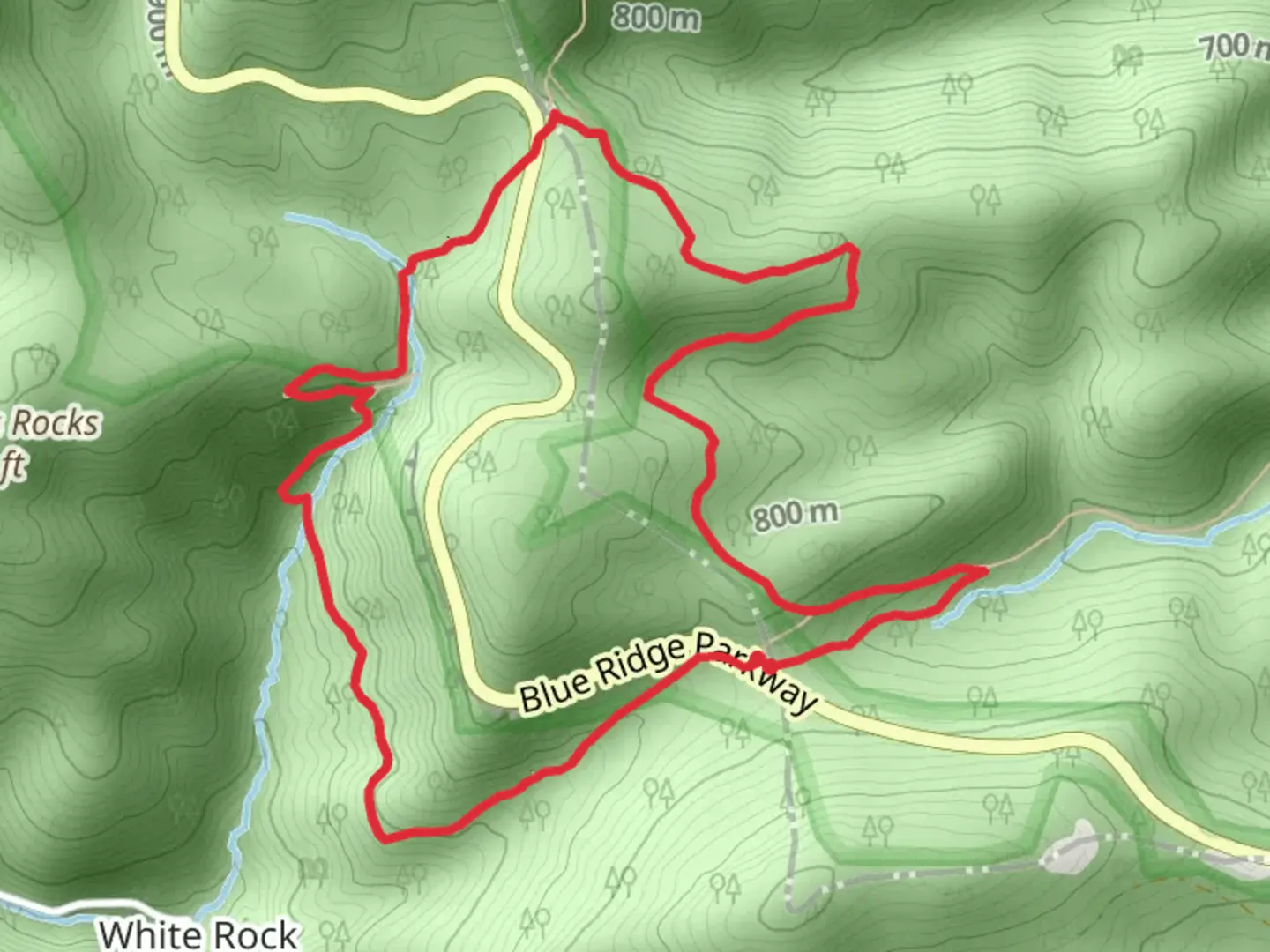 An image depicting the trail White Rock Gap, Slacks Overlook and White Rock Falls Loop Trail and its surrounding area.