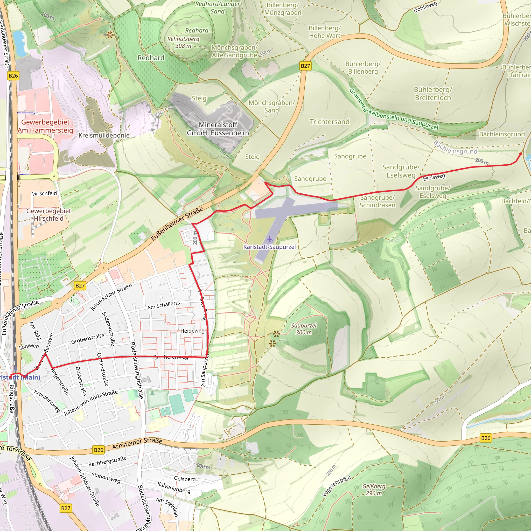 Karlstadt am Main to Bächleinsgrund Walk via Karlstadt Saupurzel Airfield mobile static map