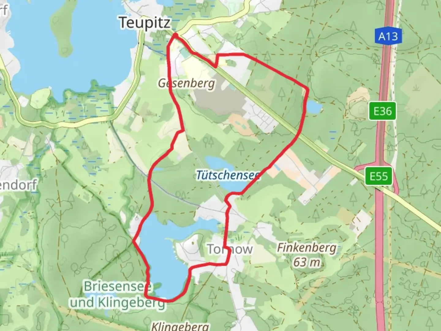 An image depicting the trail Teupitzer Heide, Nicolassee, Tutschensee and Tomowersee Loop and its surrounding area.