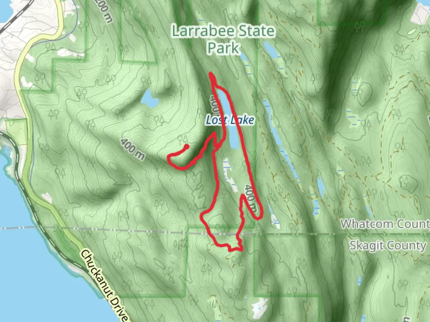 An image depicting the trail North and South Lost Lake trail and its surrounding area.