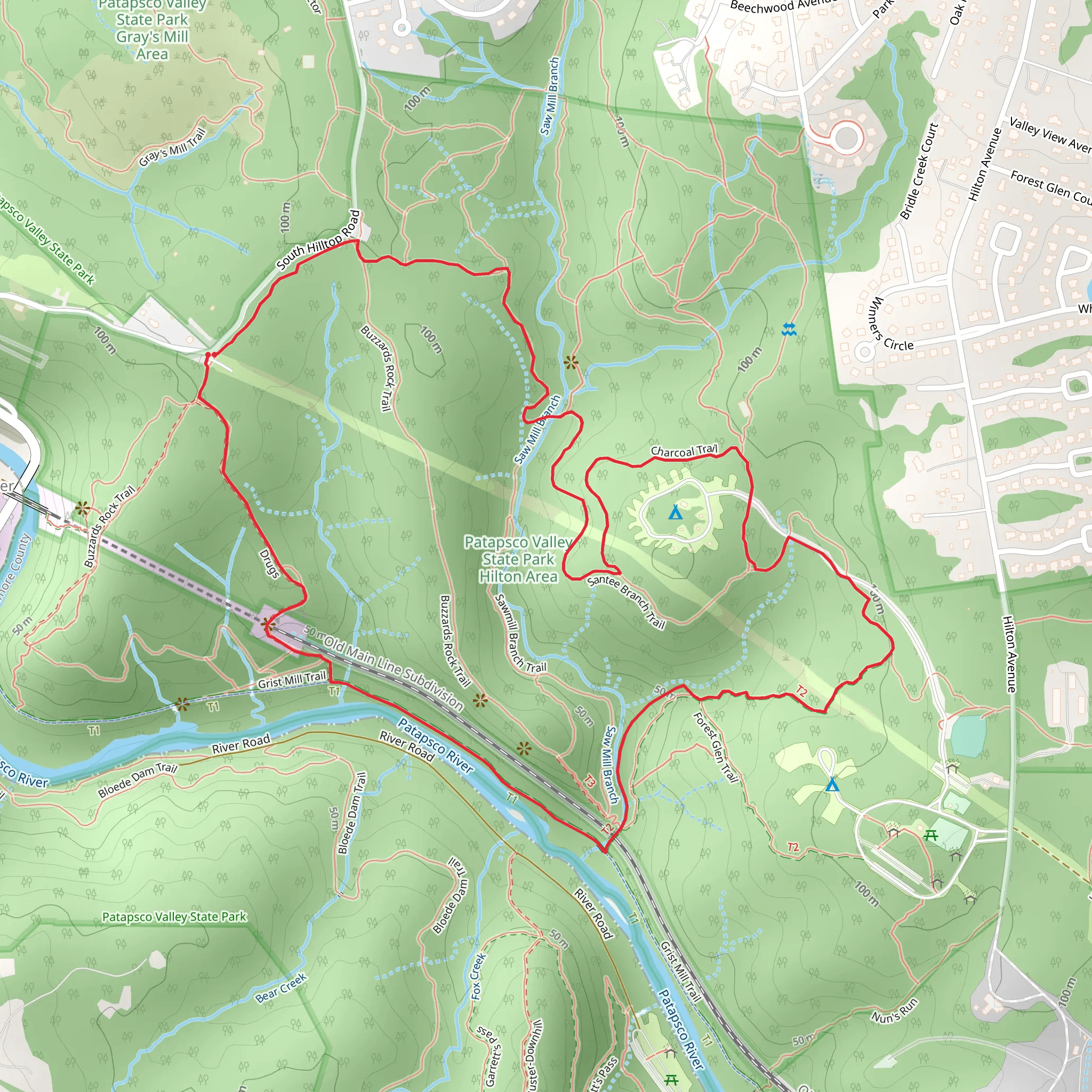 Drug, Grist Mill Trail, Forest Glen Trail and Charcoal Loop Trail mobile static map