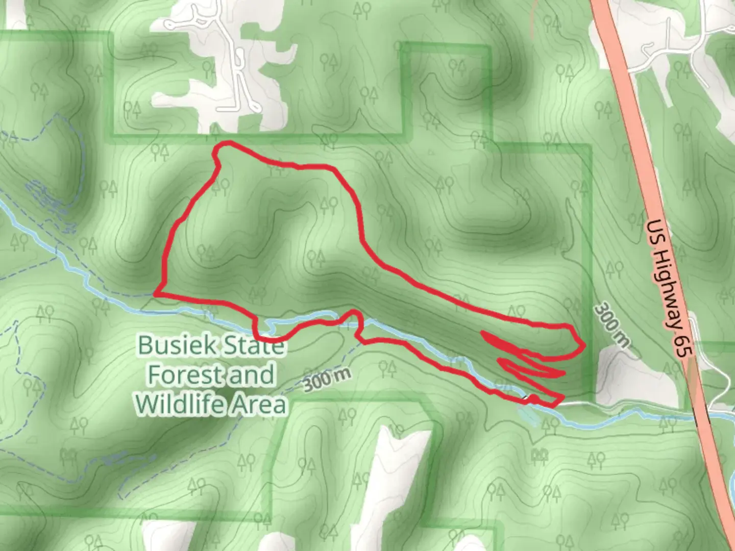An image depicting the trail Busiek Purple Loop Trail and its surrounding area.