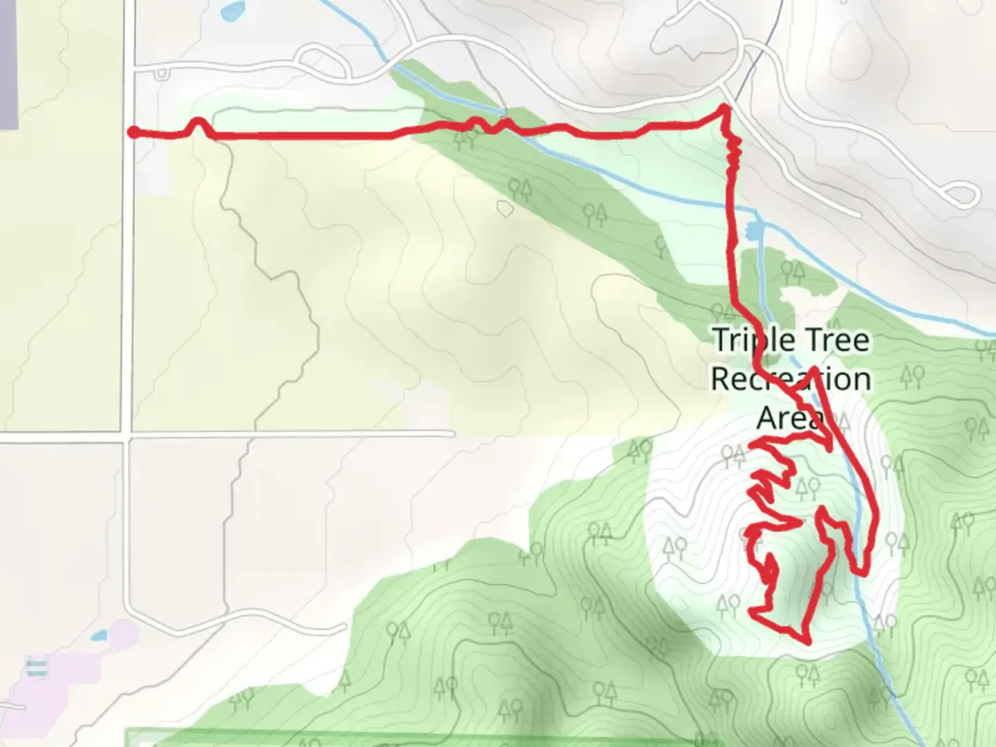 An image depicting the trail Triple Tree Recreation Area Loop and its surrounding area.