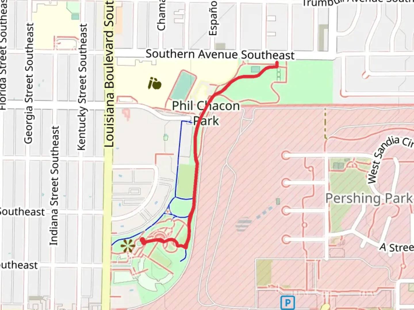 An image depicting the trail New Mexico Veterans Memorial Park to Phil Chacon Park and its surrounding area.