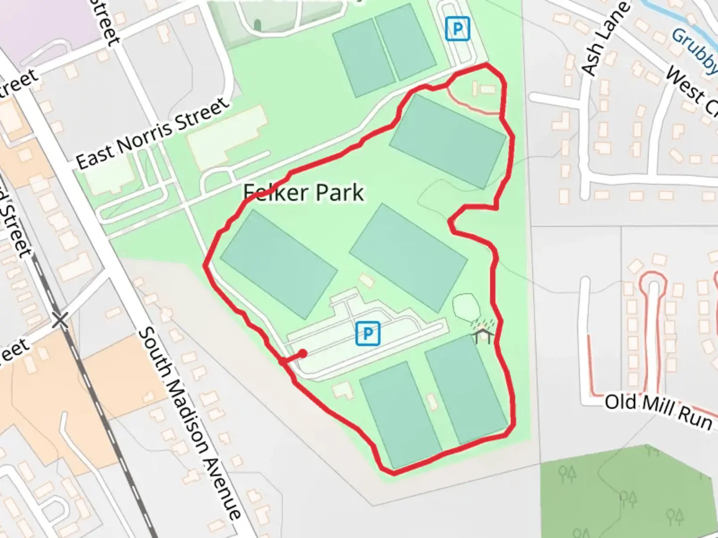 An image depicting the trail Felker Park Loop and its surrounding area.