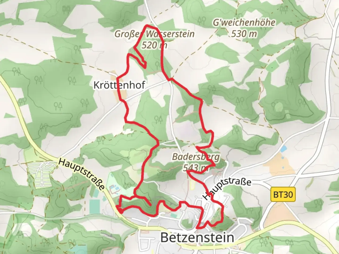 An image depicting the trail Pfad der Liebe and Fraenkischer Gebirgsweg Teil and its surrounding area.