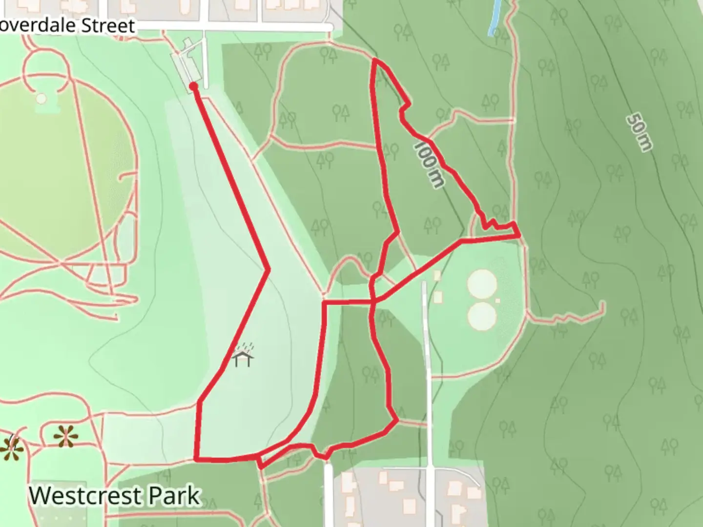 An image depicting the trail Westcrest Park Loop and its surrounding area.