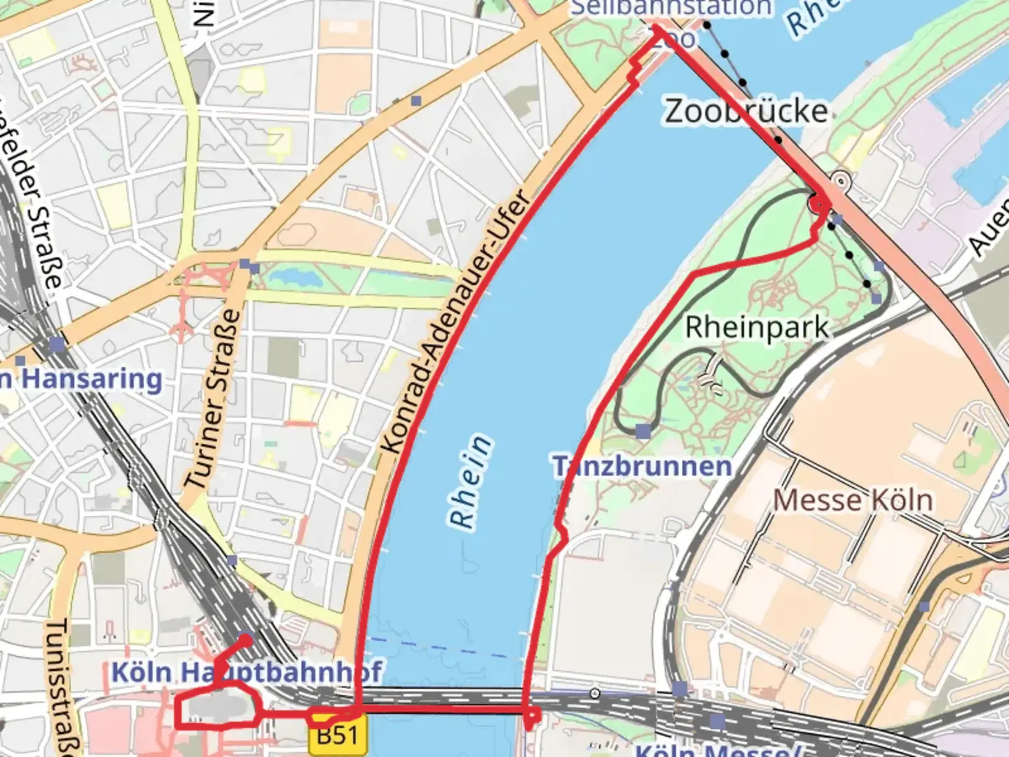 An image depicting the trail Rhein viaJakobs-Pilgerweg Beyenburg-Koeln and Trankgassenwerft Loop and its surrounding area.