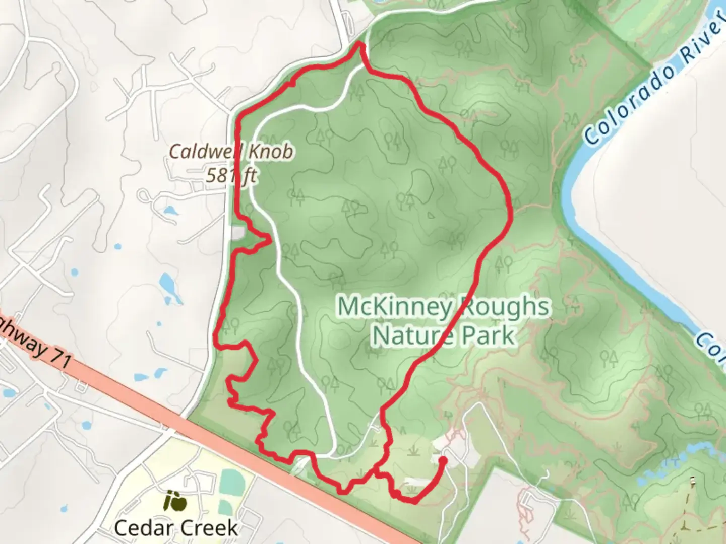 An image depicting the trail McKinney Roughs Nature Park Loop and its surrounding area.