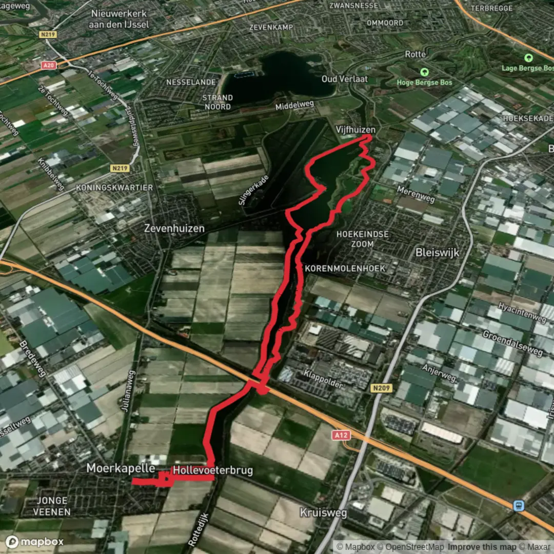An image depicting the trail Rottemeren via Rottedijk and Grote Rivierenpad and its surrounding area.